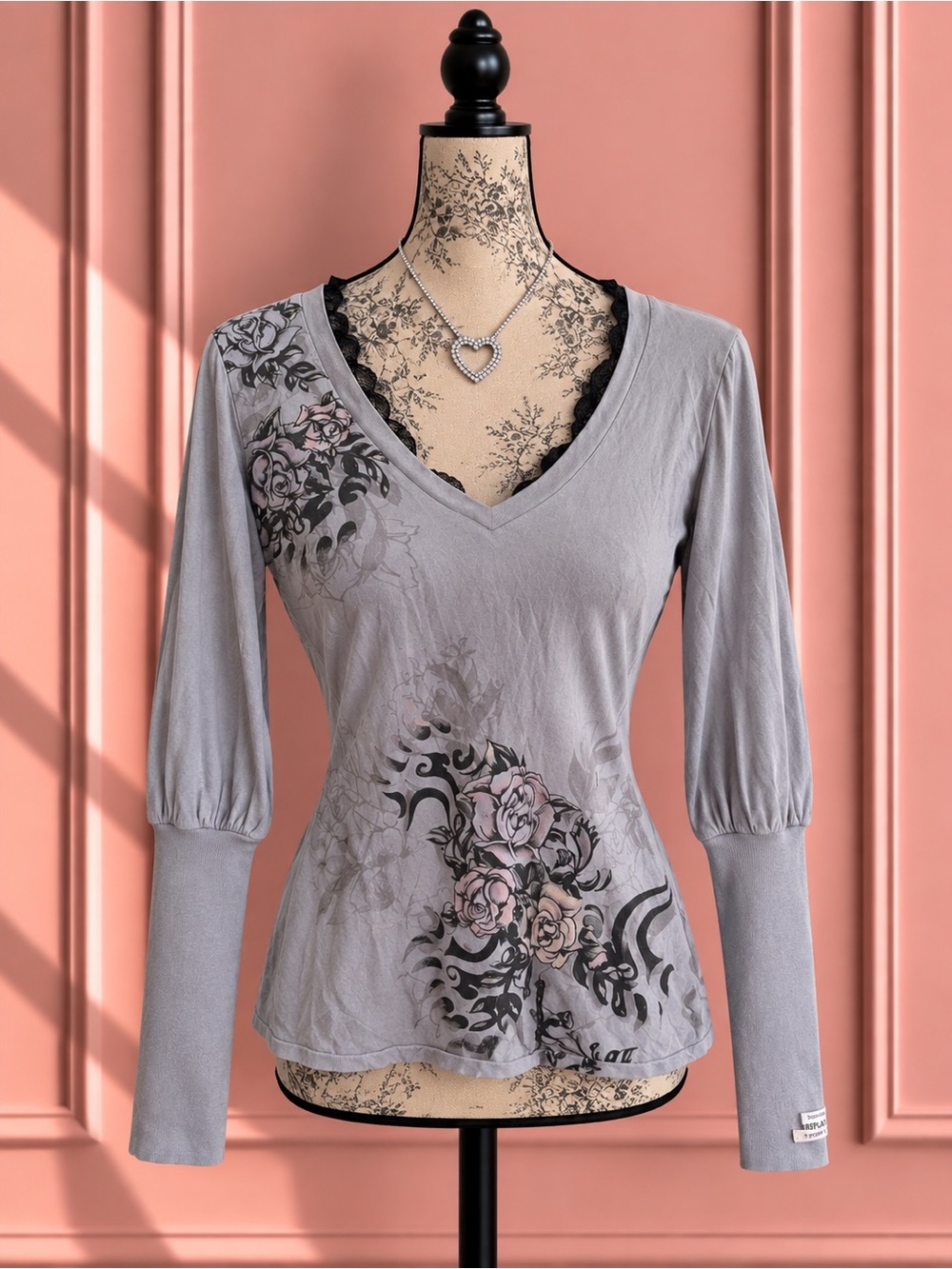 Replay Gray V-Neck Long Puffy Sleeve Top With Floral Print Size S